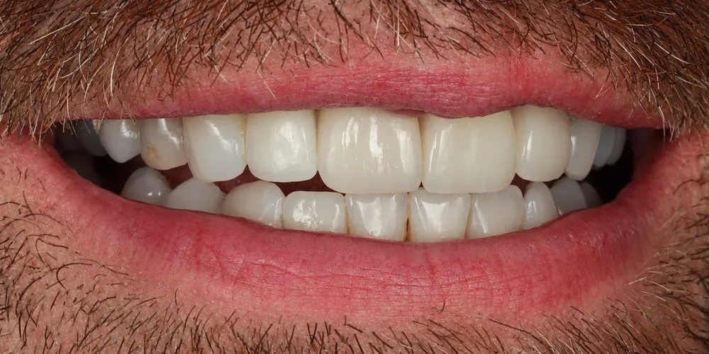 After: Old work replaced, and darker teeth masked, with four veneers